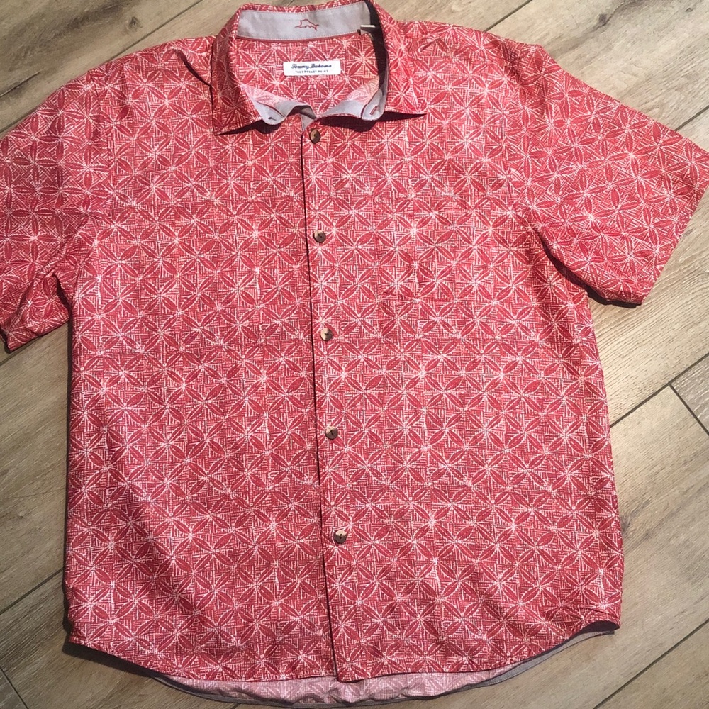 Tommy Bahama large Camp Shirt Red Geometric Men's Shirt cottage core